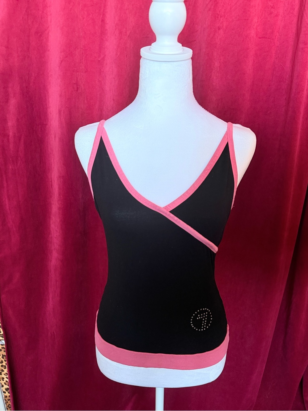 Summer Cami Women's Black and Pink Top with rhinestones Y2K
